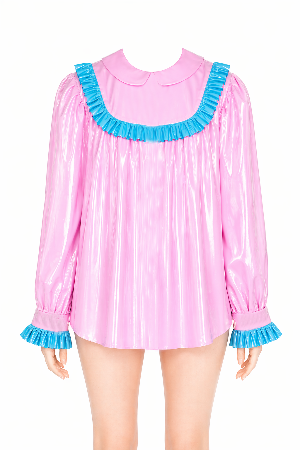 Chemisier rose fin en PVC pour soubrette – Chemise à volants en PVC brillant avec fermeture boutonnée au dos G4057