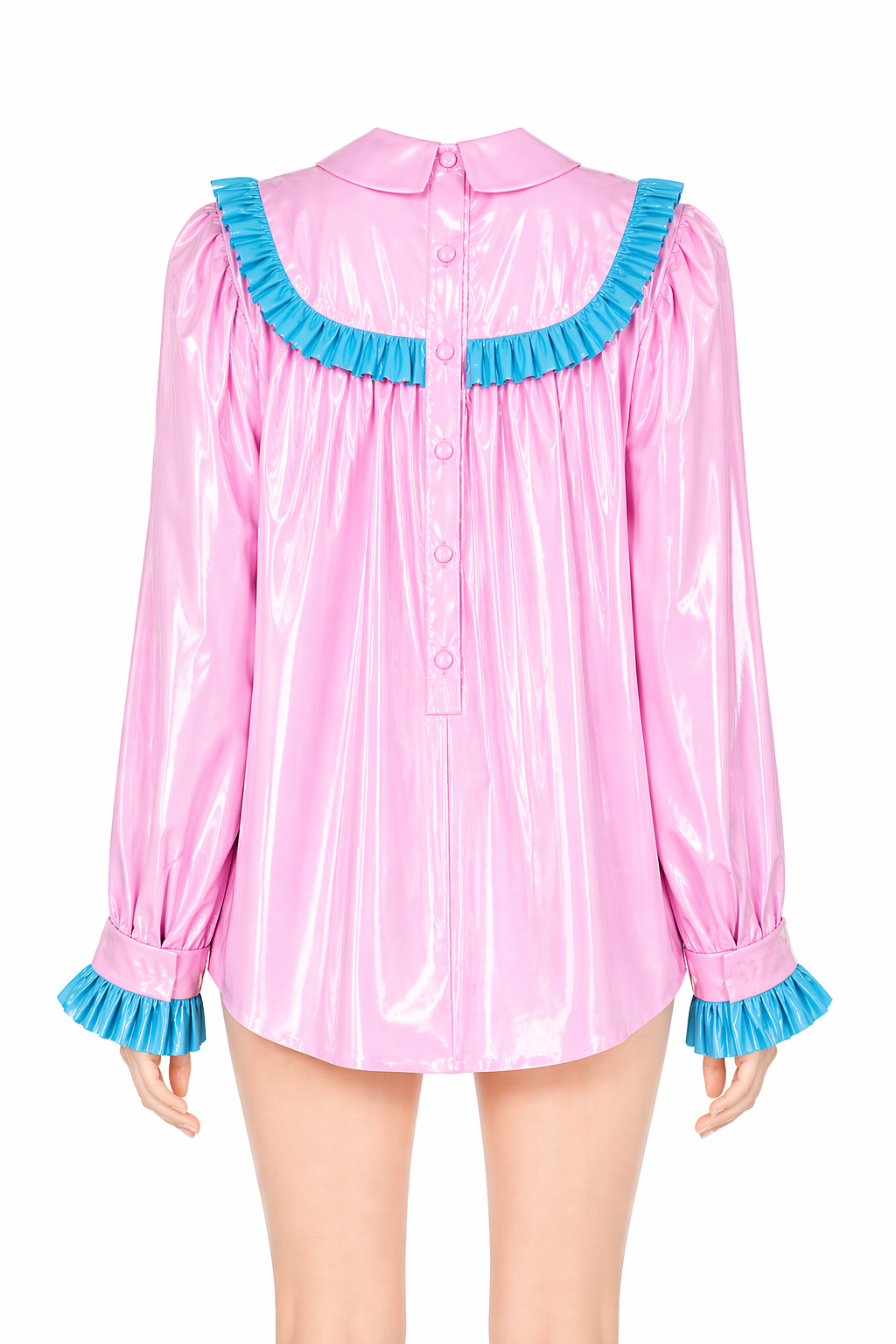 Chemisier rose fin en PVC pour soubrette – Chemise à volants en PVC brillant avec fermeture boutonnée au dos G4057
