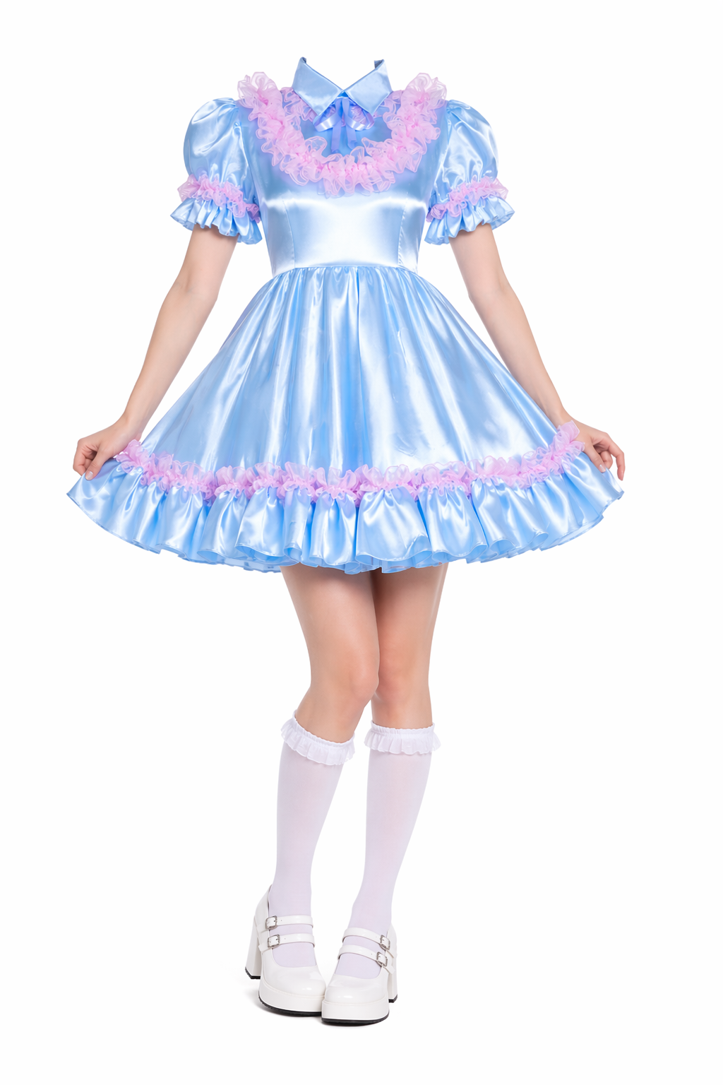 Baby Blue Satin Sissy Maid Dress – Ruffled Maid Style Dress with Lockable Back Zipper G4059