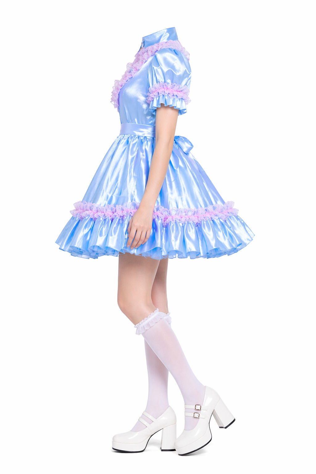 Baby Blue Satin Sissy Maid Dress – Ruffled Maid Style Dress with Lockable Back Zipper G4059