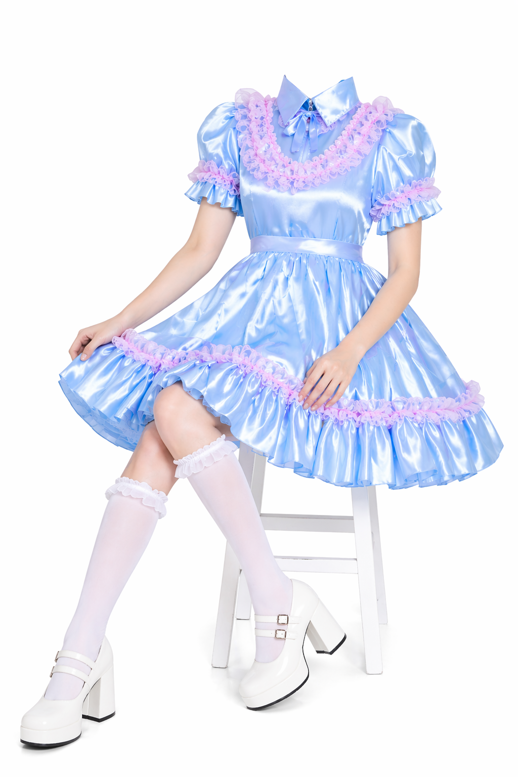 Baby Blue Satin Sissy Maid Dress – Ruffled Maid Style Dress with Lockable Back Zipper G4059