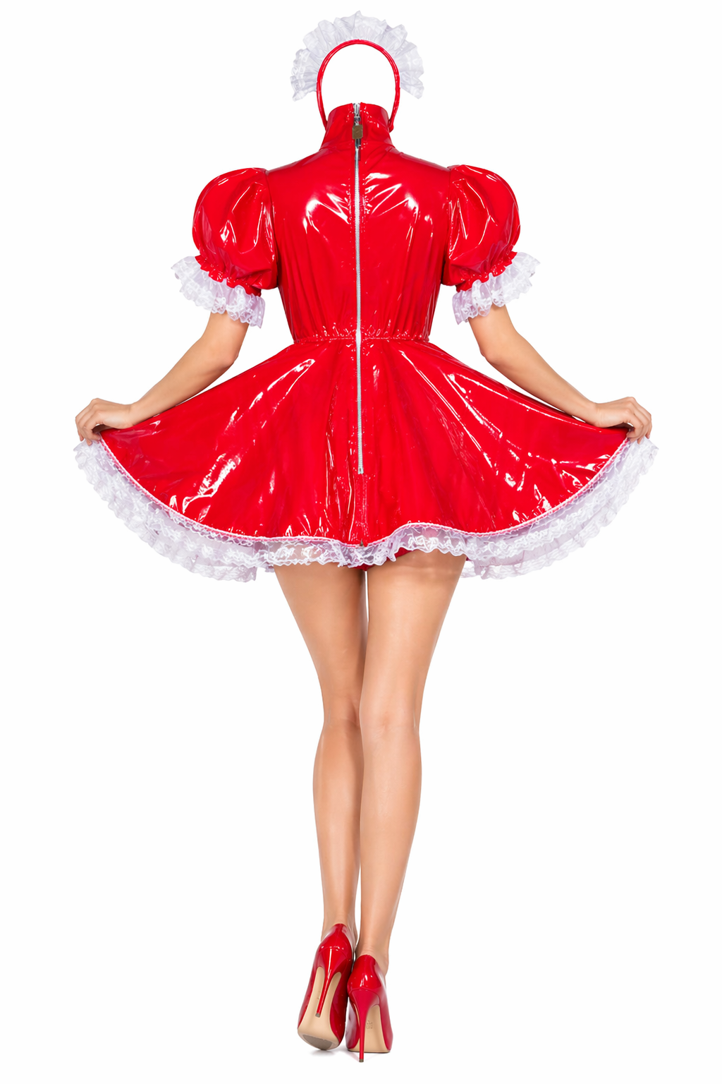 Ensemble robe de soubrette en PVC fin rouge – Robe de soubrette brillante avec culotte intégrée, bandeau et fermeture éclair verrouillable au dos G4060