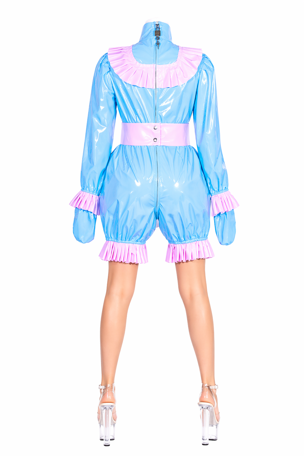 Baby Blue Thin PVC Sissy Maid Romper – Glossy PVC Bodysuit with Attached Gloves & Lockable Back Zipper G4063