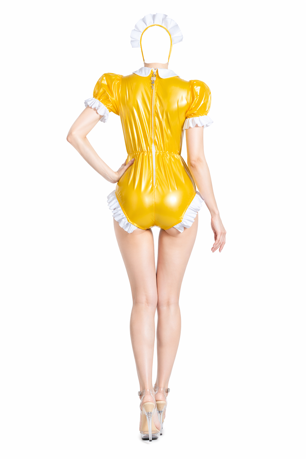 Yellow Clear PVC Sissy Maid Bodysuit – Glossy Maid Romper with Headband & Lockable Back Zipper G4066