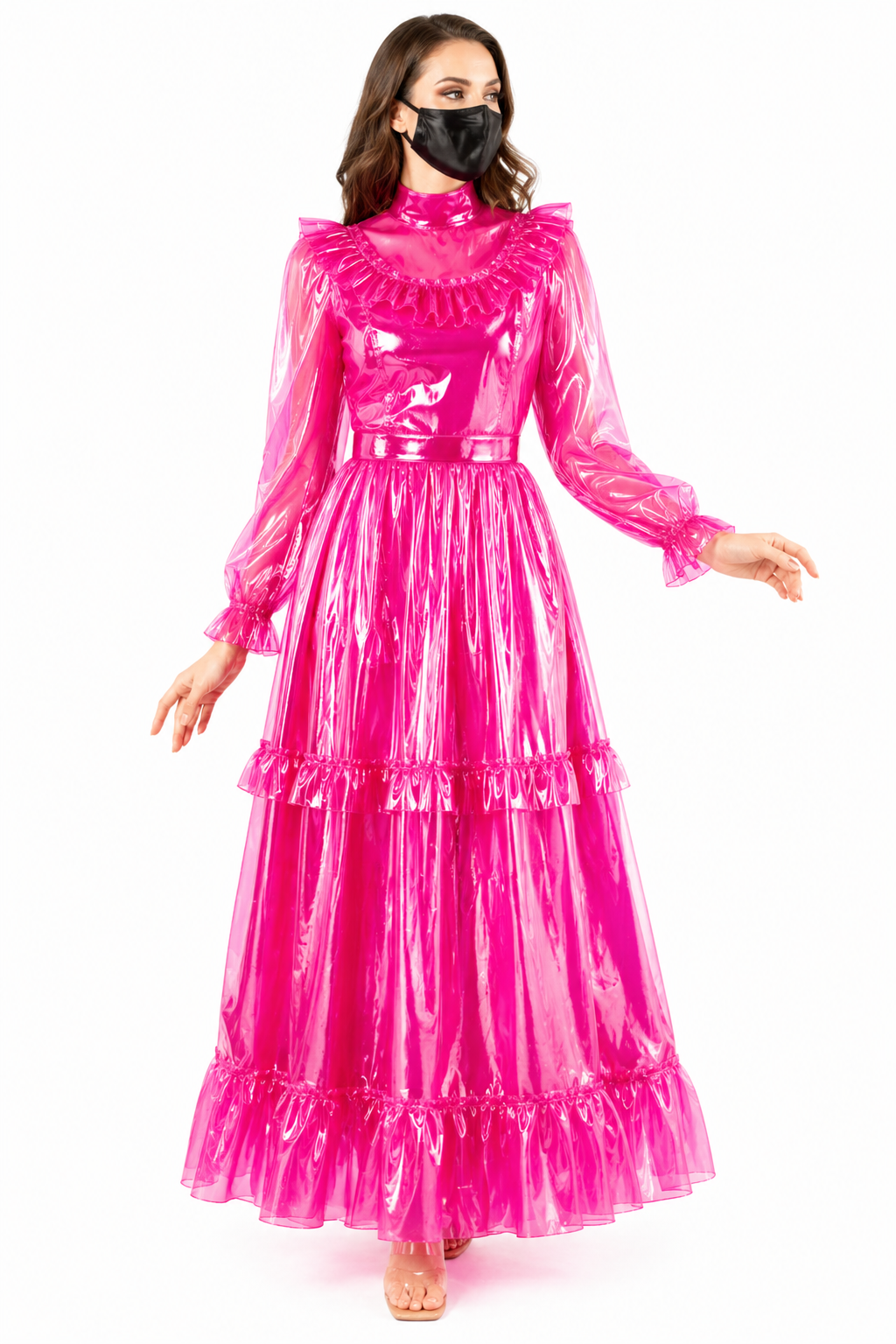 Hot Pink Clear PVC Sissy Maid Long Dress – Glossy Lockable Back Zipper Maxi Dress G4091
