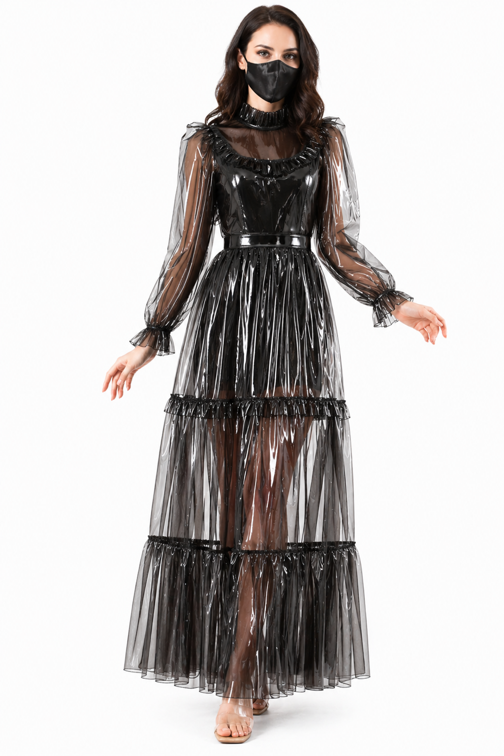 Black Clear PVC Sissy Maid Long Dress – Lockable Back Zipper Glossy Maxi Dress G4092