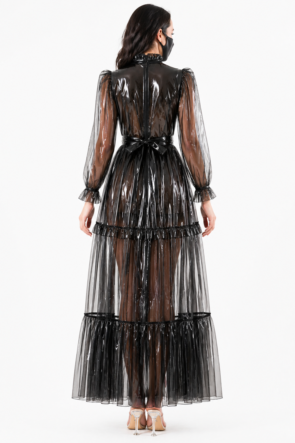 Black Clear PVC Sissy Maid Long Dress – Lockable Back Zipper Glossy Maxi Dress G4092