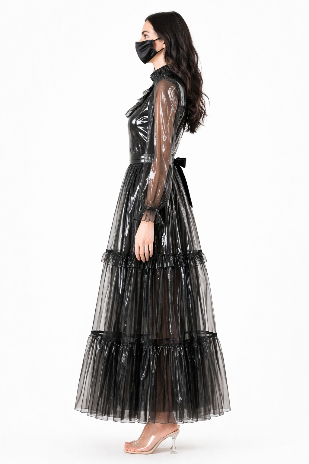 Black Clear PVC Sissy Maid Long Dress – Lockable Back Zipper Glossy Maxi Dress G4092