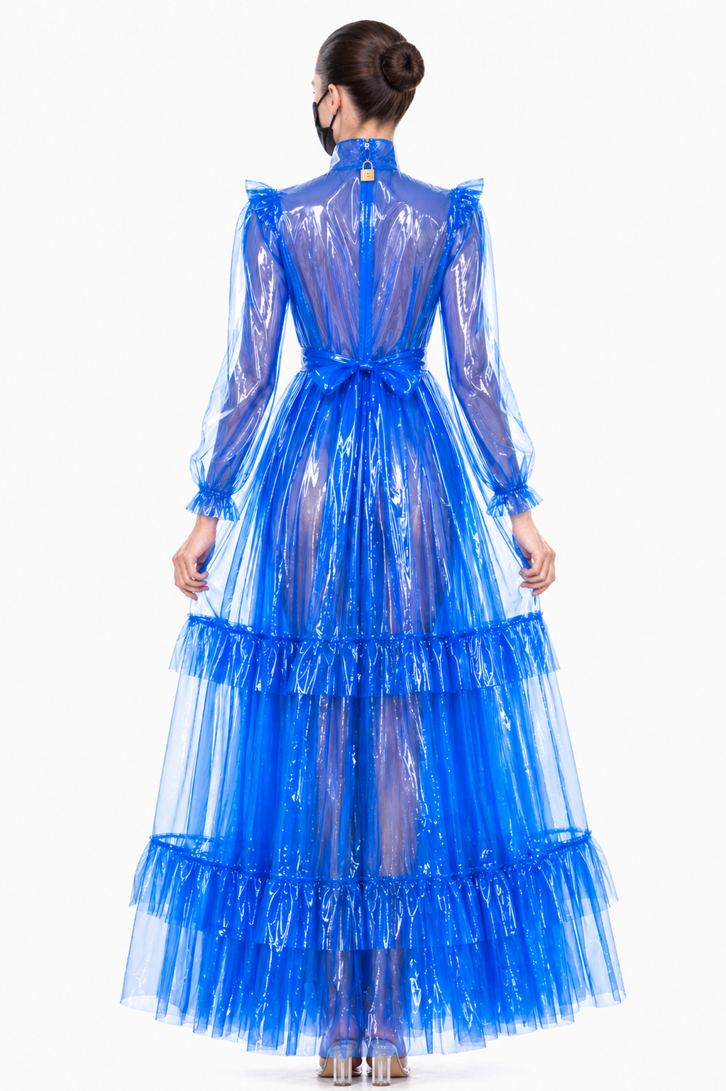 Blue Clear PVC Sissy Maid Long Dress – Glossy Lockable Back Zipper Maxi Dress G4096