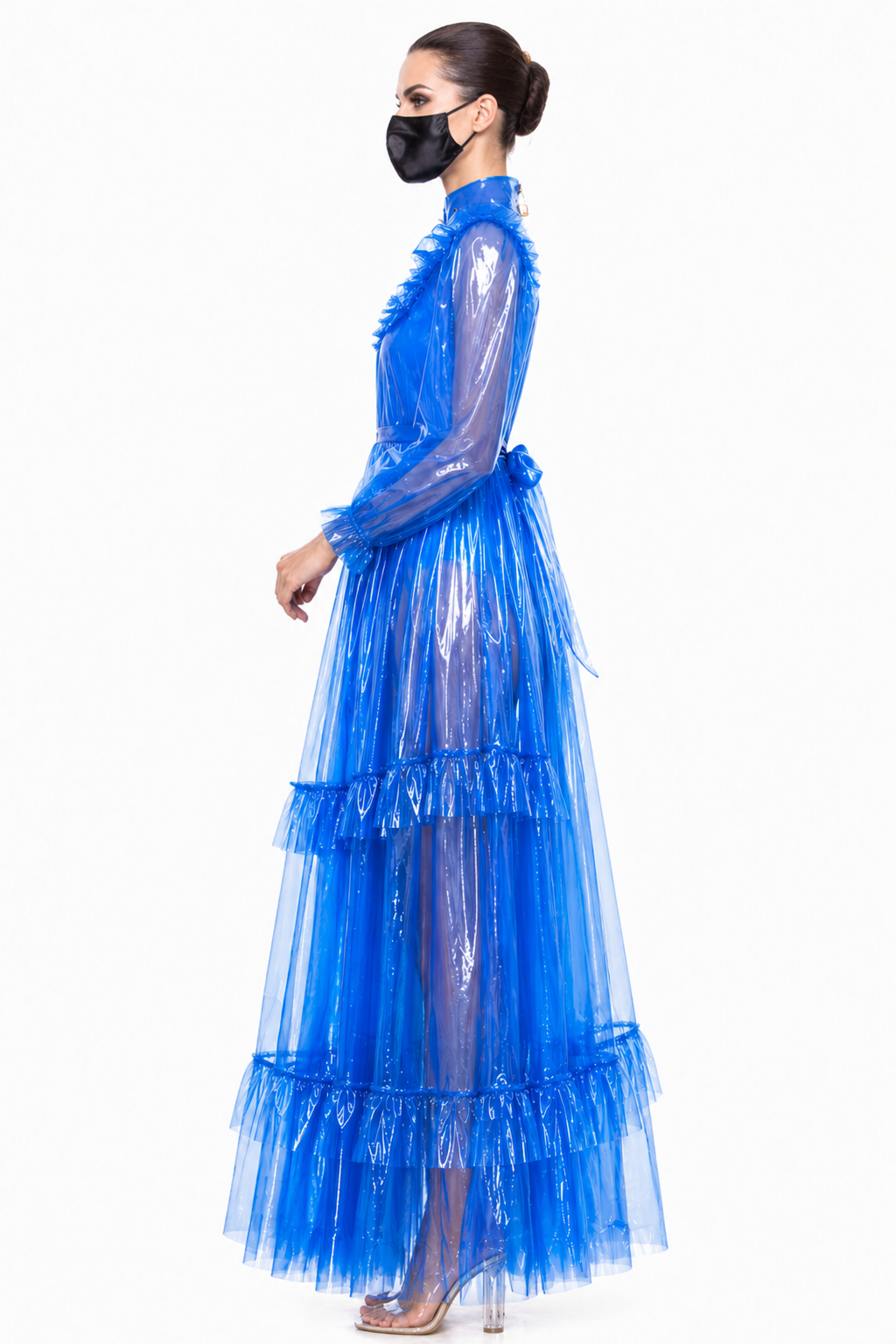 Blue Clear PVC Sissy Maid Long Dress – Glossy Lockable Back Zipper Maxi Dress G4096