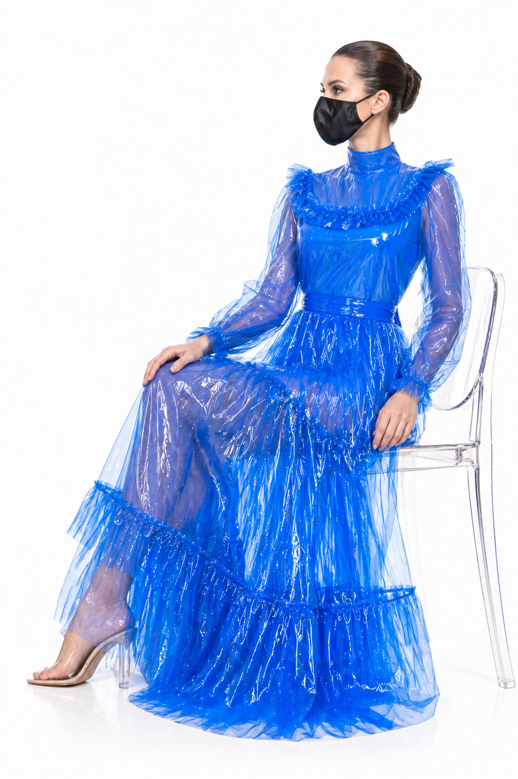 Blue Clear PVC Sissy Maid Long Dress – Glossy Lockable Back Zipper Maxi Dress G4096