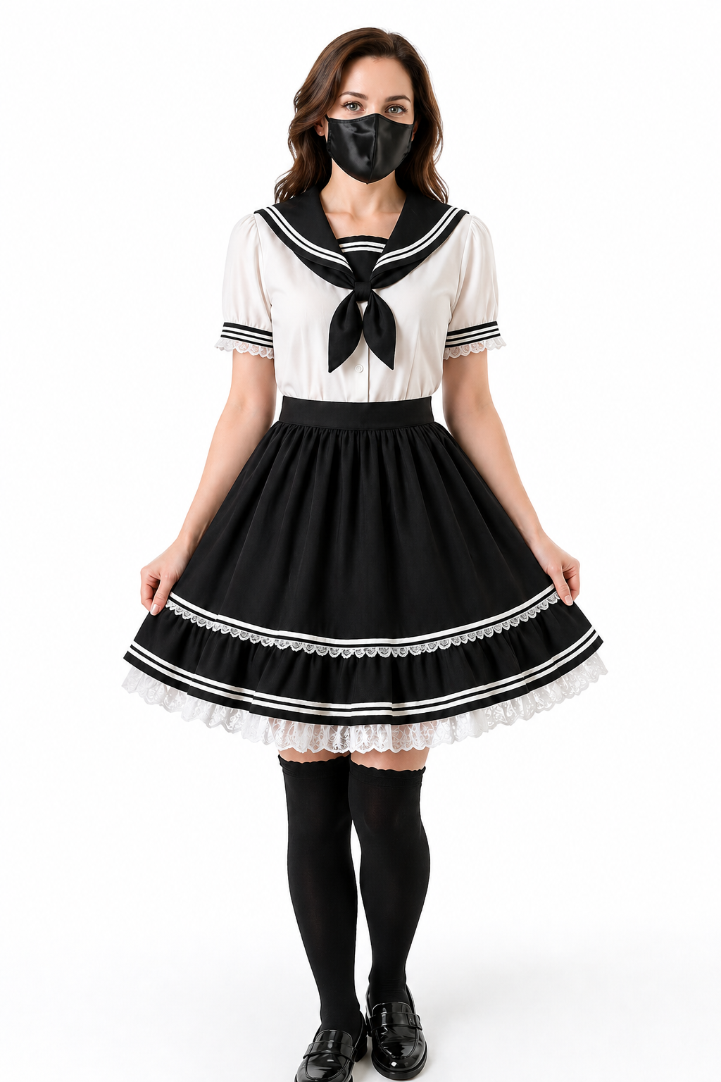 Ensemble robe style marin noir et blanc – Chemisier et jupe en coton, uniforme scolaire G4100