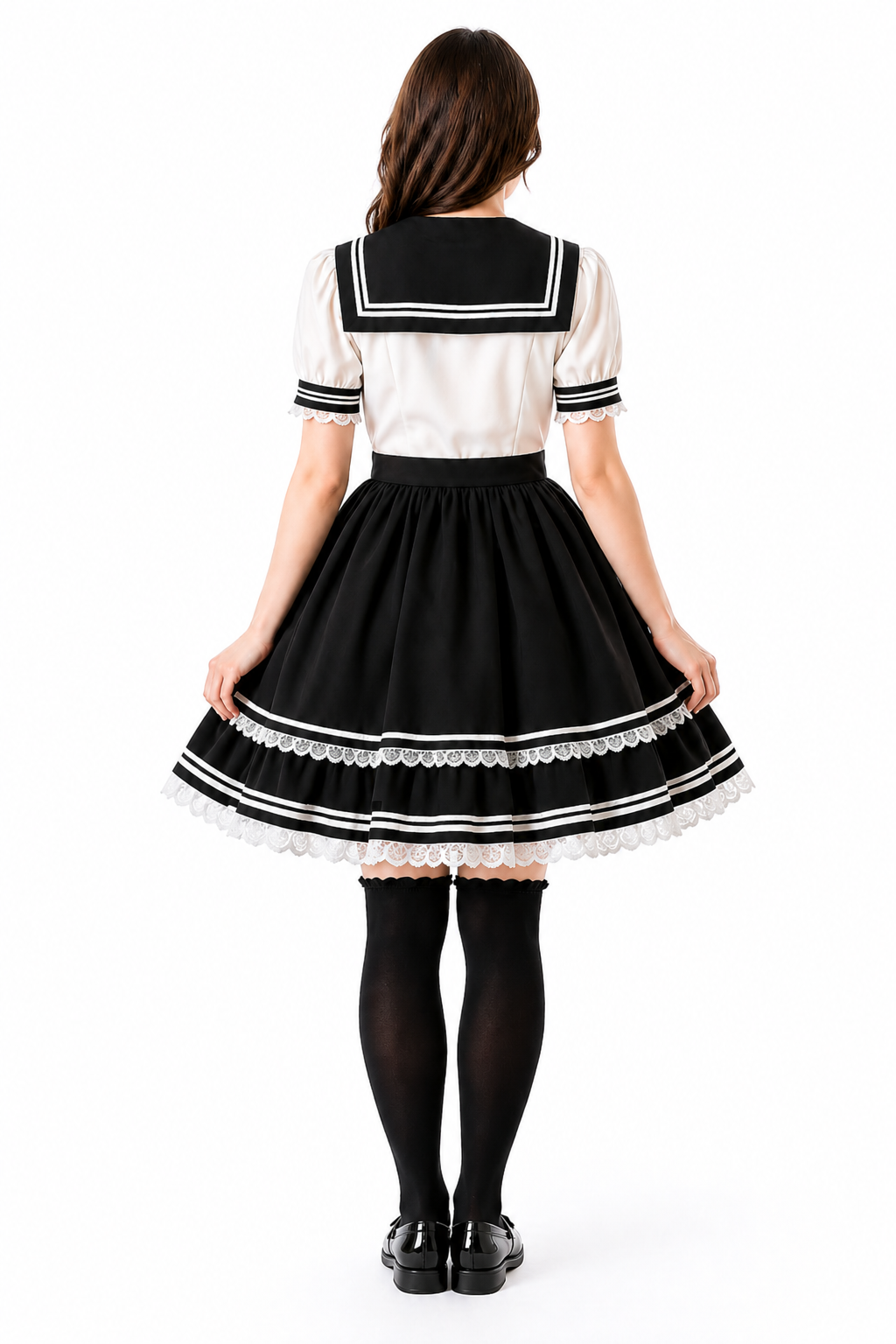 Ensemble robe style marin noir et blanc – Chemisier et jupe en coton, uniforme scolaire G4100