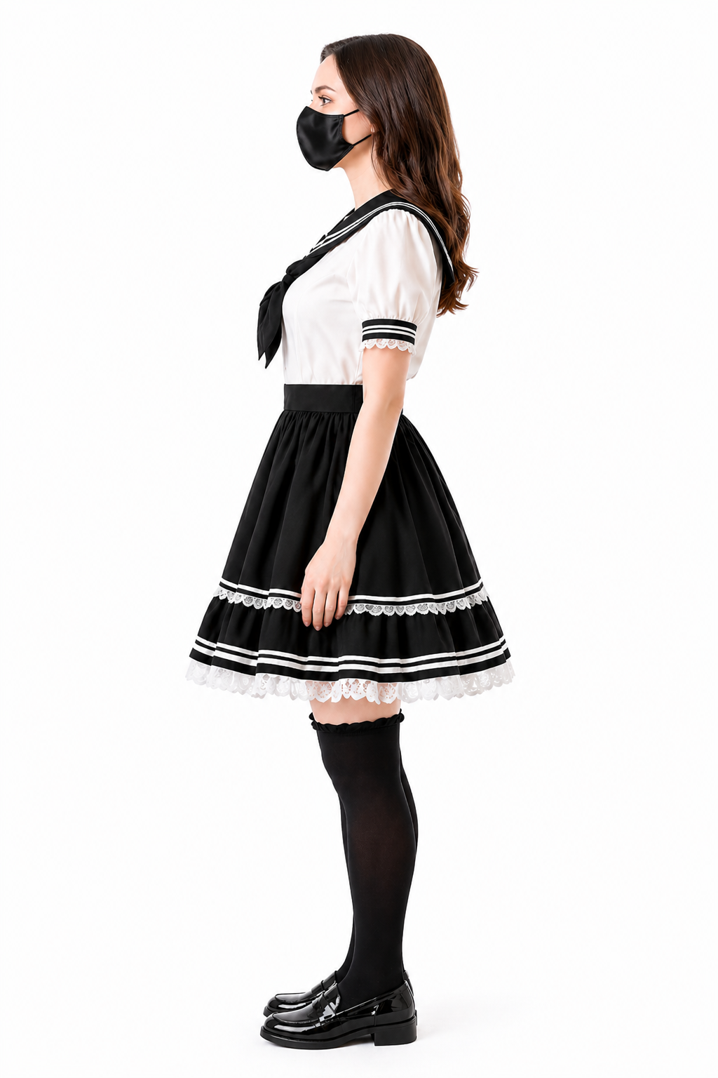 Ensemble robe style marin noir et blanc – Chemisier et jupe en coton, uniforme scolaire G4100