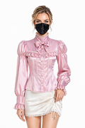 Baby Pink Satin Sissy Blouse – Elegant Bow Lace Long Sleeve Feminine Shirt G4107