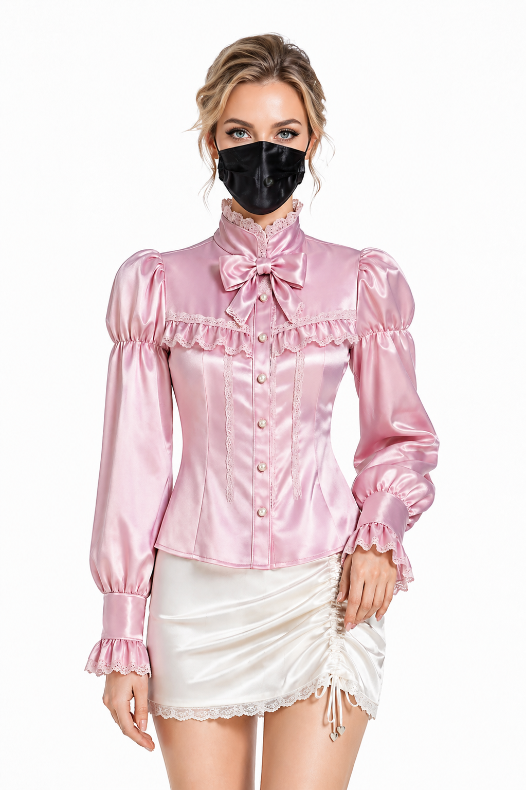 Baby Pink Satin Sissy Blouse – Elegant Bow Lace Long Sleeve Feminine Shirt G4107