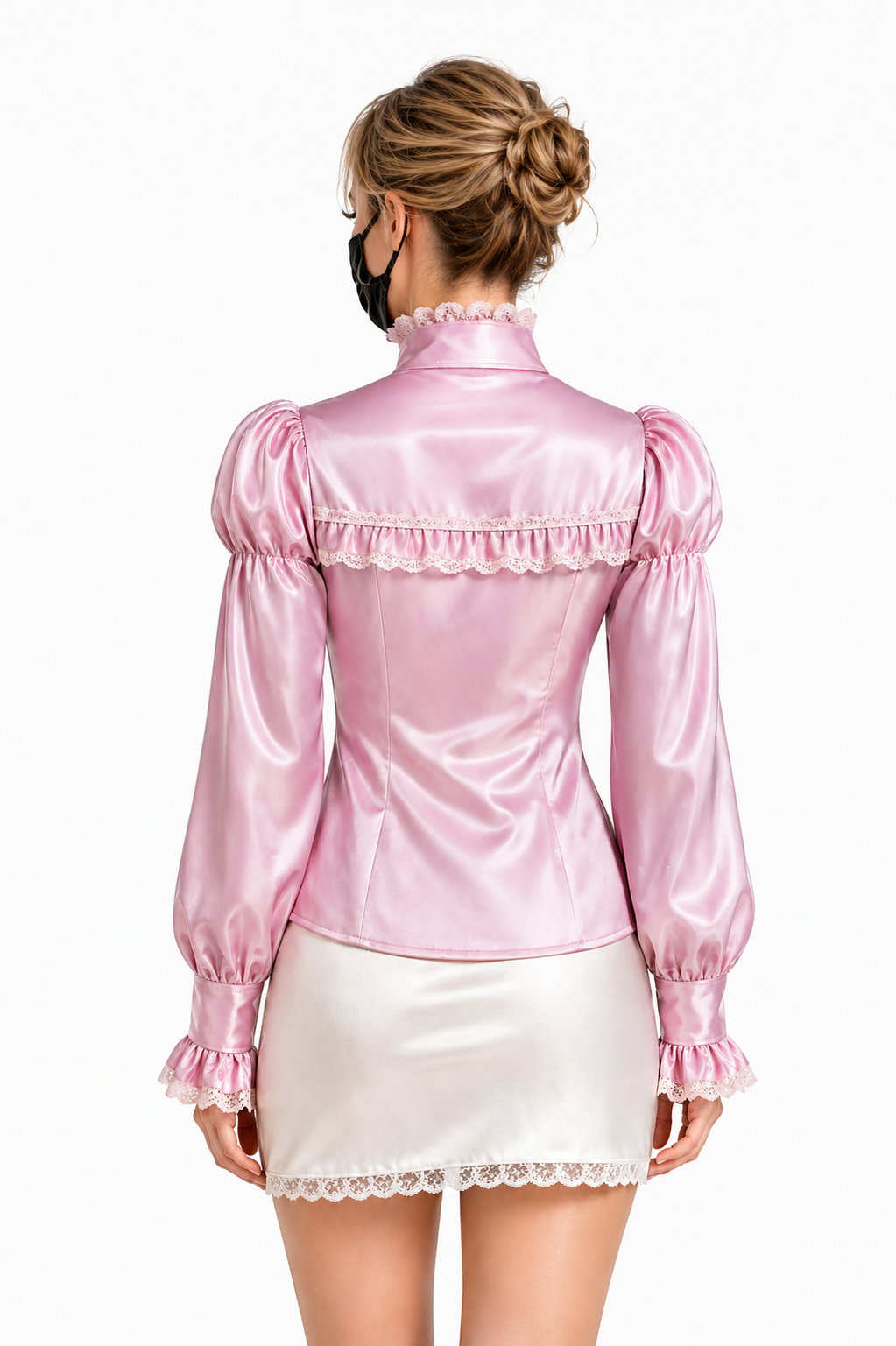 Baby Pink Satin Sissy Blouse – Elegant Bow Lace Long Sleeve Feminine Shirt G4107