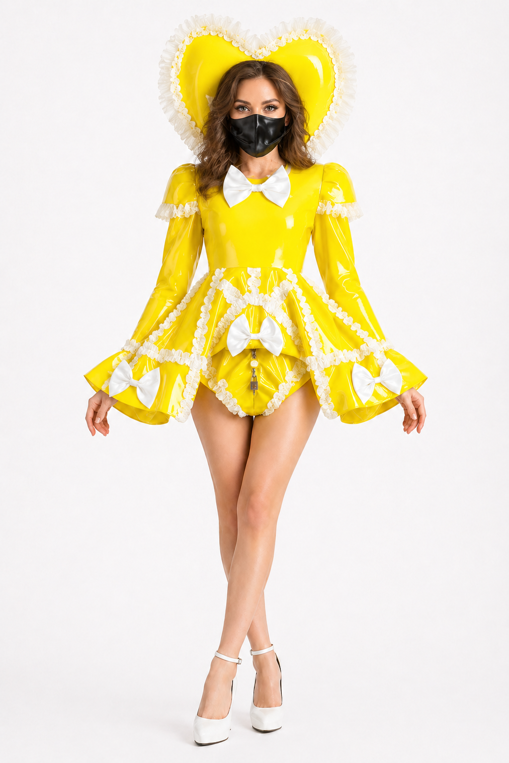 Robe de soubrette jaune en PVC à capuche avec culotte intégrée – Combinaison style soubrette à fermeture éclair verrouillable G4108