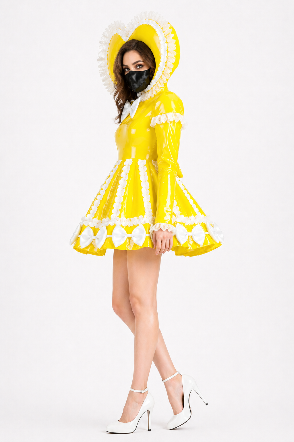 Robe de soubrette jaune en PVC à capuche avec culotte intégrée – Combinaison style soubrette à fermeture éclair verrouillable G4108