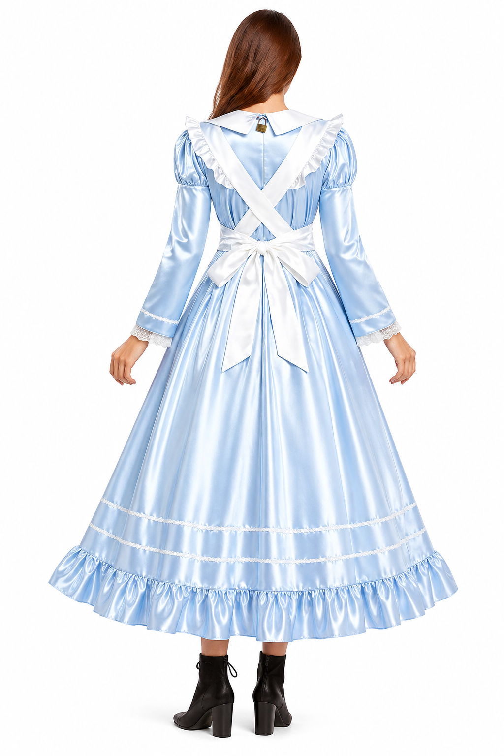Baby Blue Satin Sissy Maid Dress with Apron – Lockable Back Zipper Victorian Cosplay Outfit G4115