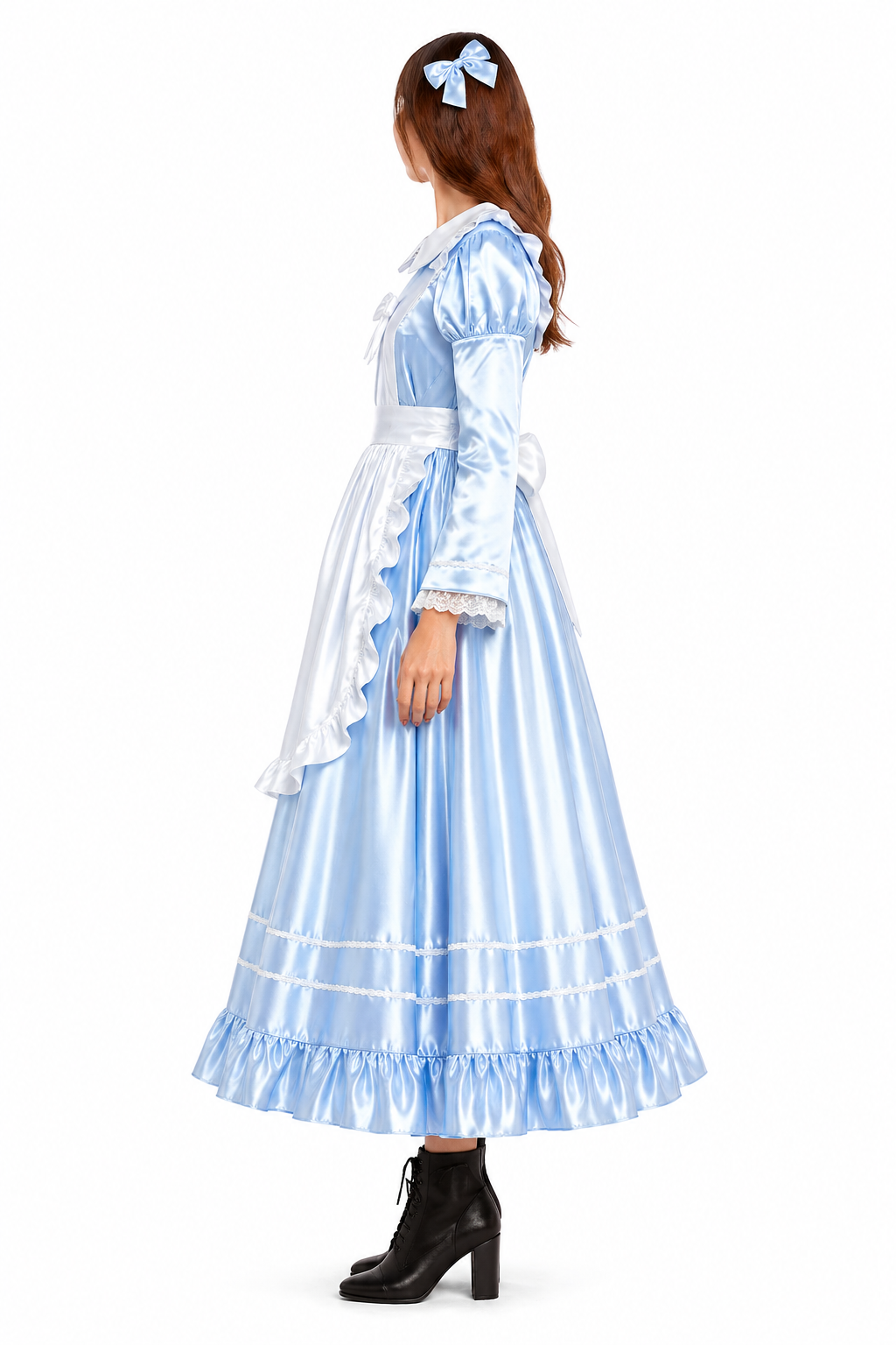 Baby Blue Satin Sissy Maid Dress with Apron – Lockable Back Zipper Victorian Cosplay Outfit G4115