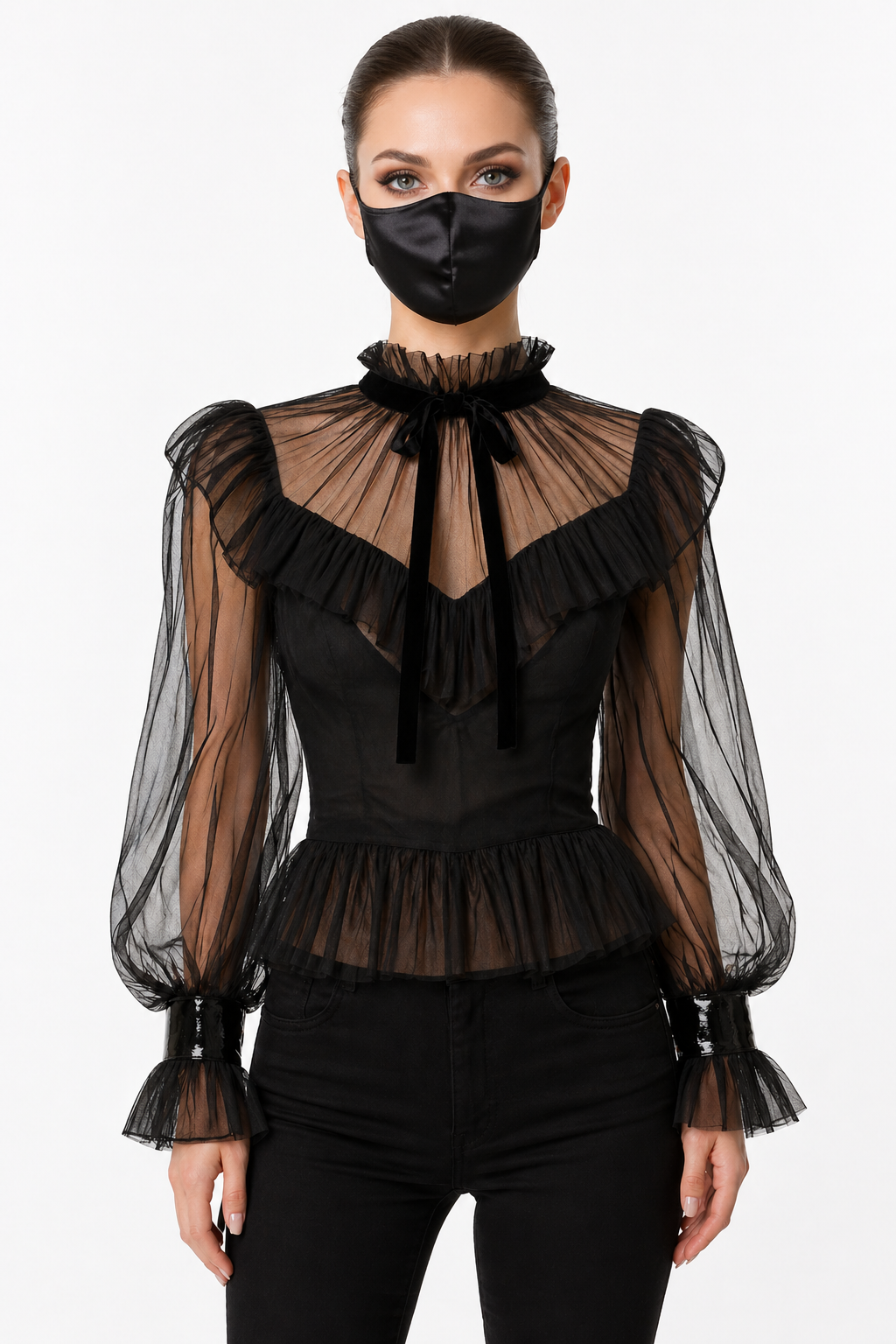 Chemisier de soubrette en organza noir – Haut transparent style gothique avec fermeture éclair verrouillable au dos G4118