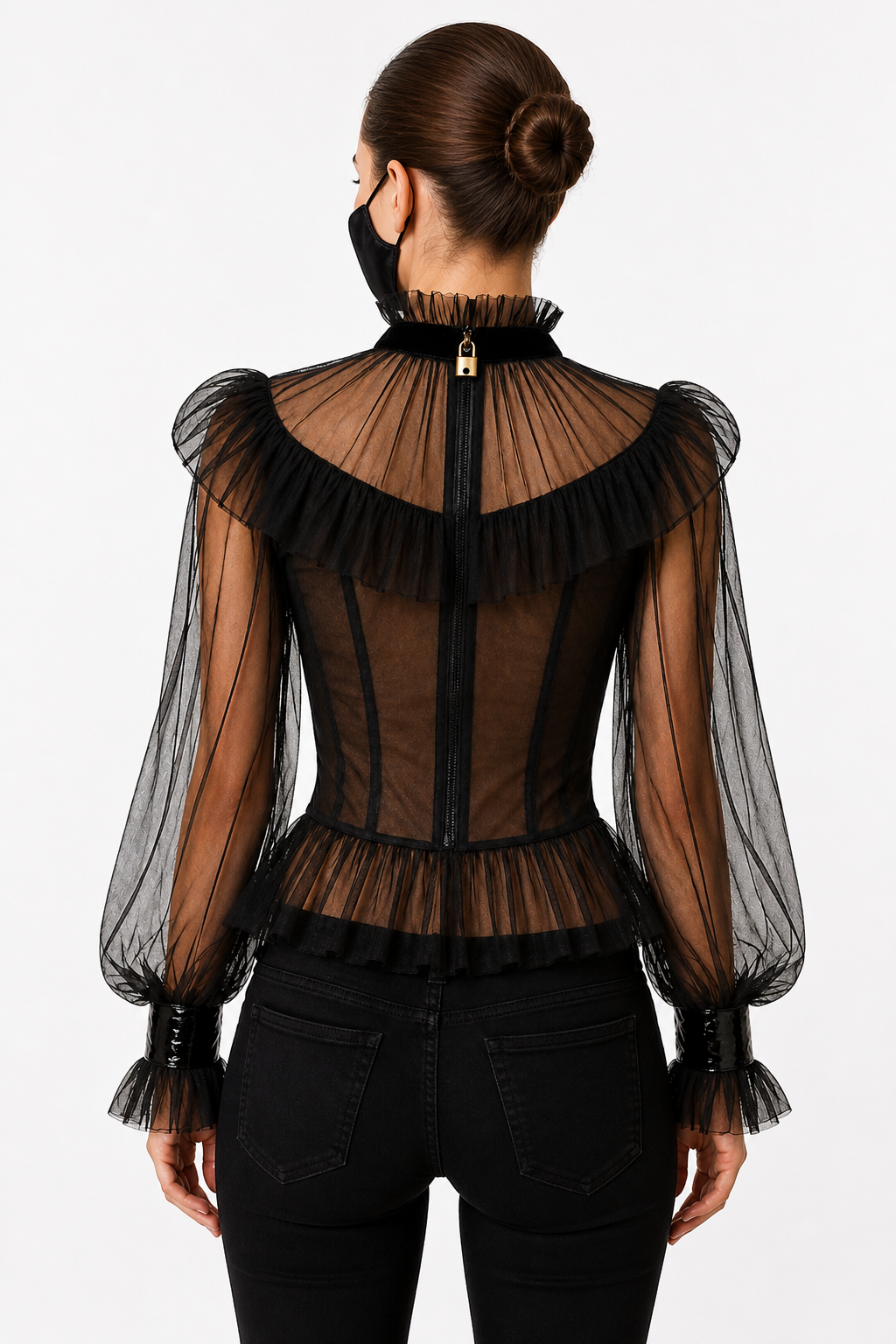 Chemisier de soubrette en organza noir – Haut transparent style gothique avec fermeture éclair verrouillable au dos G4118