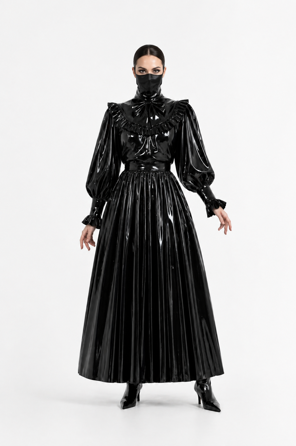 Ensemble blouse et jupe de soubrette en PVC fin noir – Fermeture éclair au dos verrouillable, style gothique, deux pièces G4120