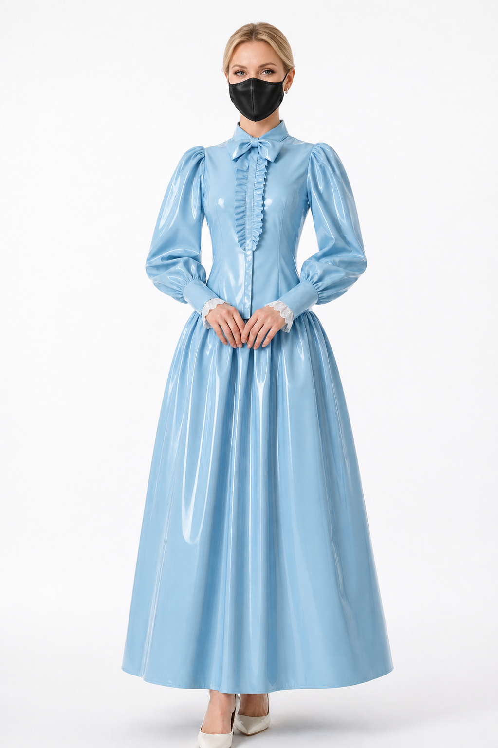 Ensemble blouse et jupe de soubrette en PVC fin bleu ciel – Fermeture éclair au dos verrouillable, deux pièces G4121
