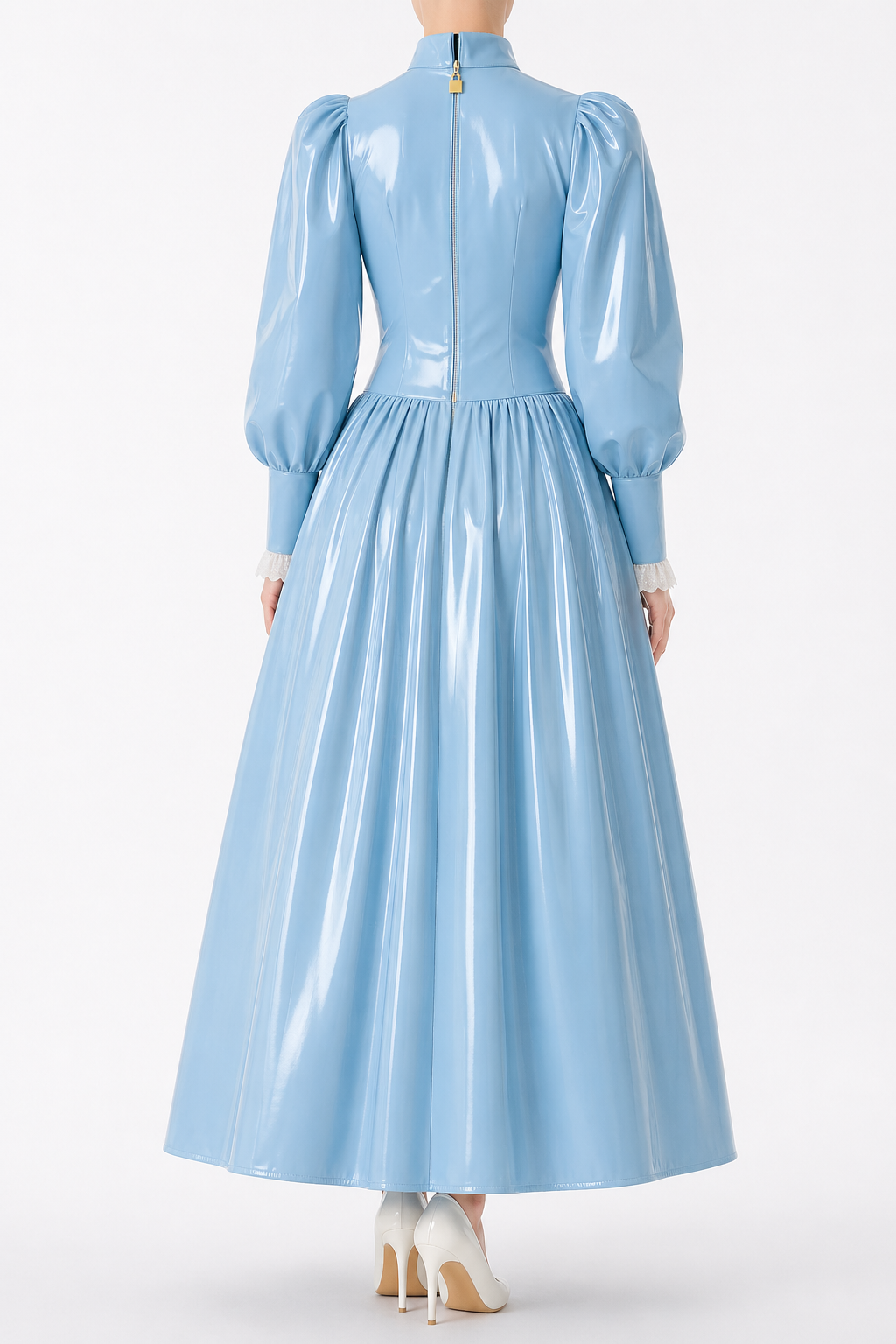 Baby Blue Thin PVC Sissy Maid Blouse & Skirt Set – Lockable Back Zipper Two-Piece Outfit G4121