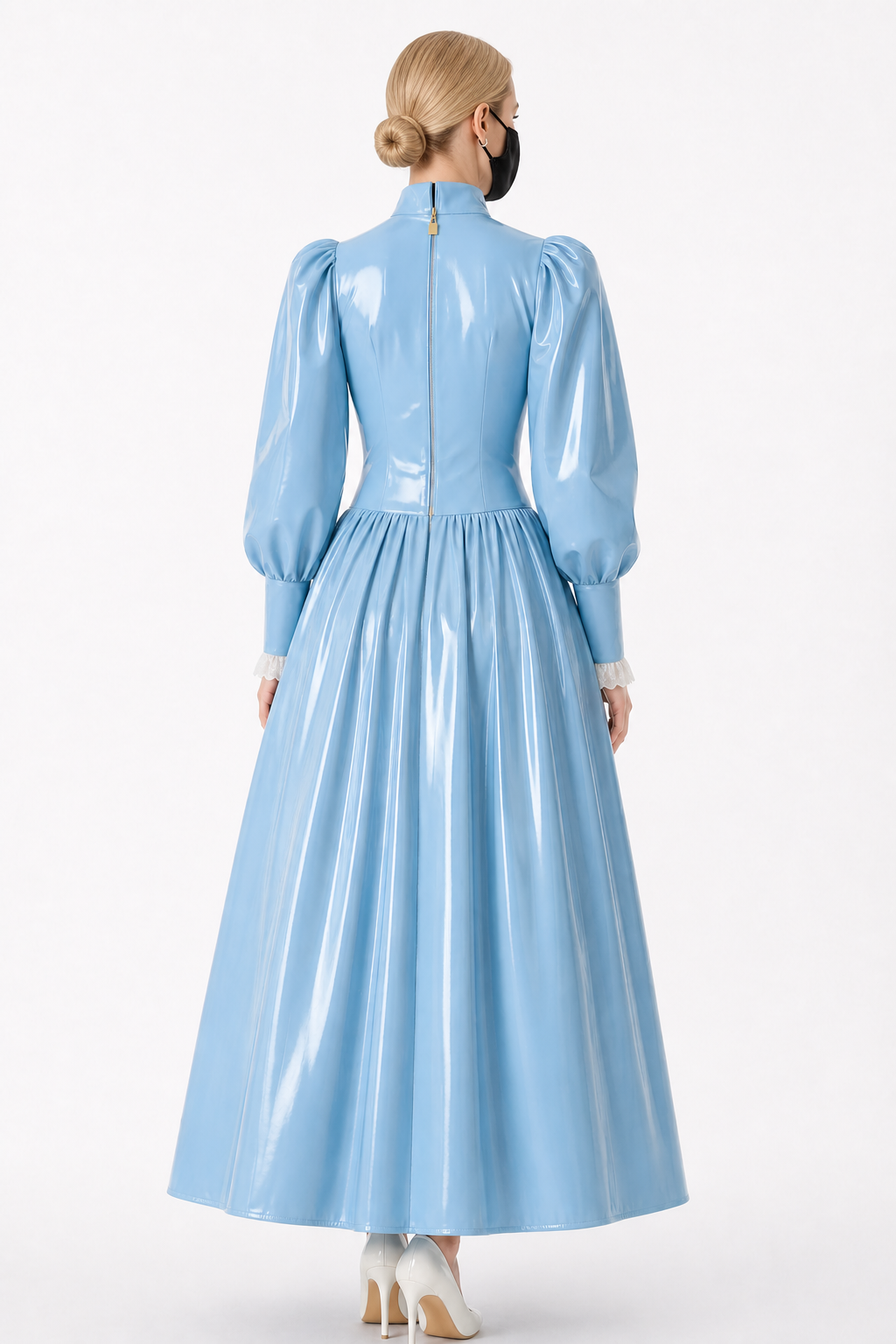 Ensemble blouse et jupe de soubrette en PVC fin bleu ciel – Fermeture éclair au dos verrouillable, deux pièces G4121