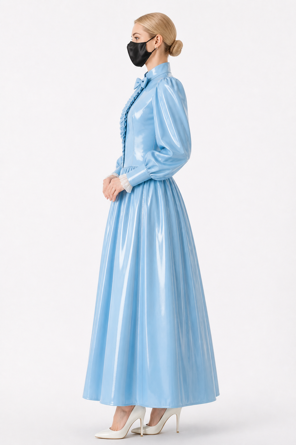 Ensemble blouse et jupe de soubrette en PVC fin bleu ciel – Fermeture éclair au dos verrouillable, deux pièces G4121