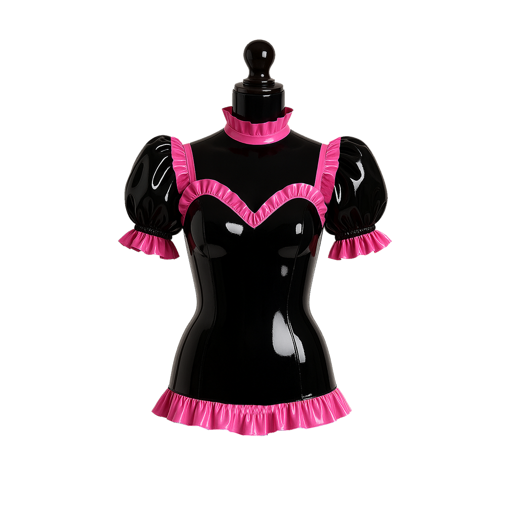 Ensemble chemisier et jupe de soubrette en PVC fin noir, verrouillable, travestissement sur mesure G4125