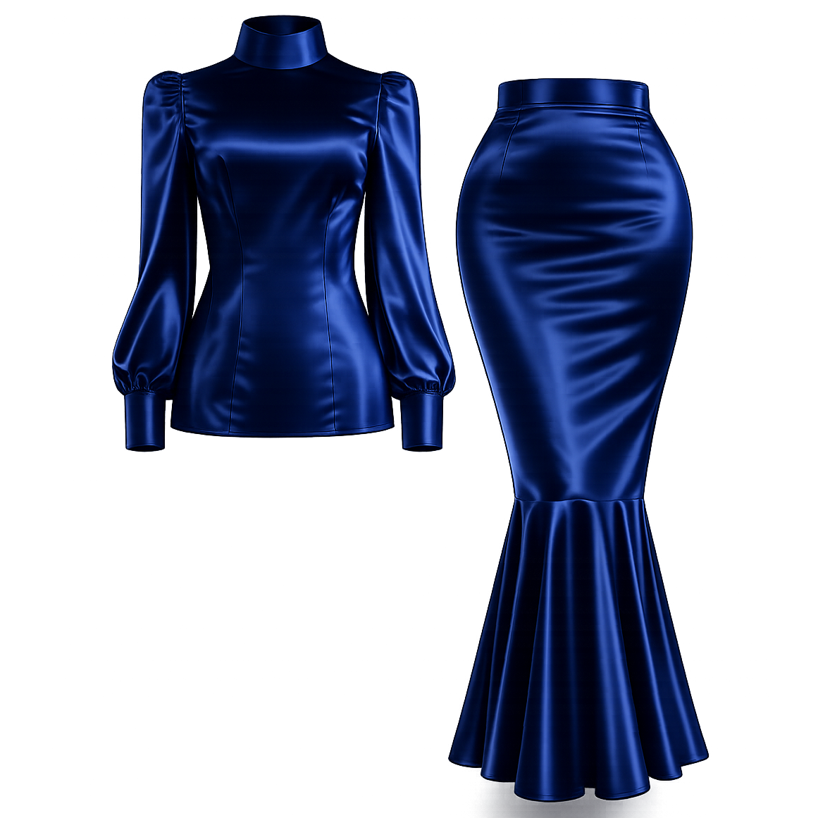 Ensemble jupe sirène en Satin bleu Royal, chemisier Sissy Maid, Crossdressing G4131